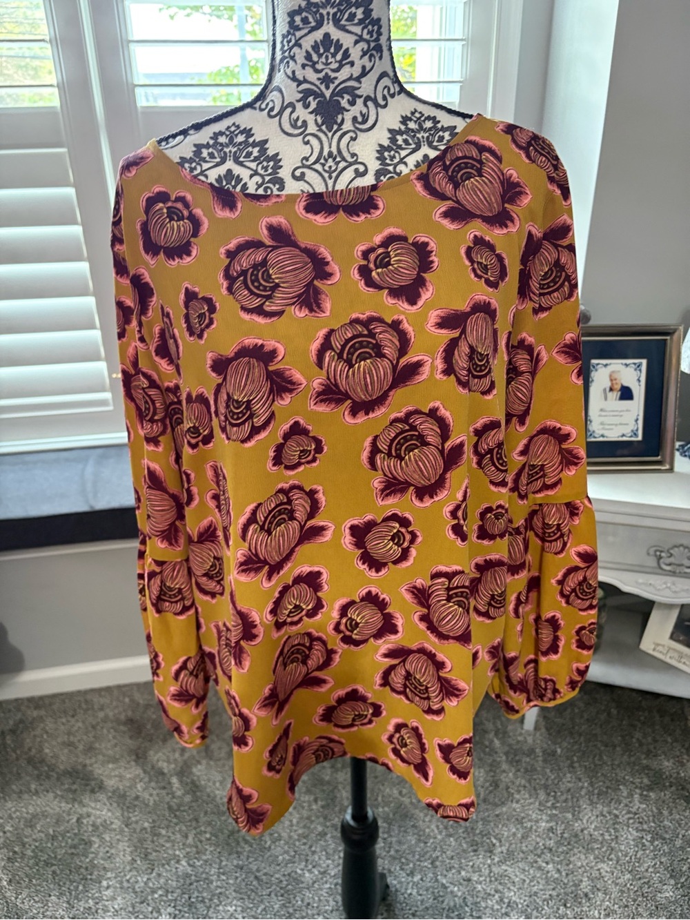 Women's Floral Long-Sleeve Blouse - Mustard with burgundy Floral